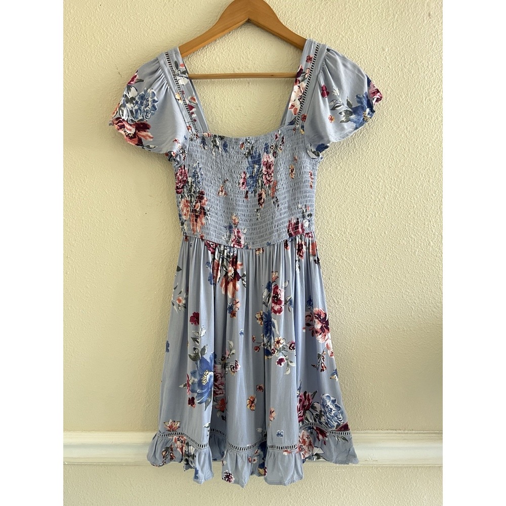 Band Of Gypsies Floral Pastel Blue Smocked Mini Dress XS Boho Coquette Fairy